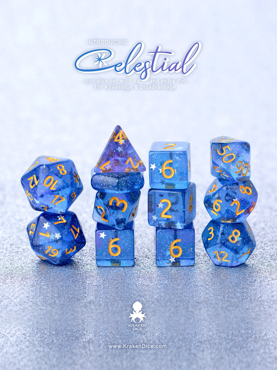 Celestial 14pc Gold Ink Dice Set With Kraken Logo